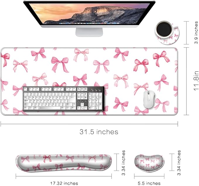 MIBITRI Keyboard Mouse Pad Set, Extended Gaming Mouse Pad+Ergonomics Keyboard Wrist Rest Support, Memory Foam, Easy Typing Pain Relief, 4Pcs XXL Ultra Thick Desk Mat, Pink Bows