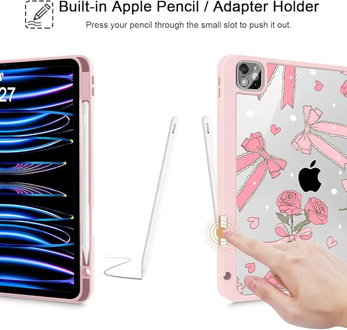 Tuiklol for iPad Pro 12.9 Inch 6th/5th/4th/3rd Generation 2022 2021 2020 2018 Case,Built-in Pencil Holder Clear Transparent Protective Back Shell Cover with Auto Sleep/Wake, Bow & Rose