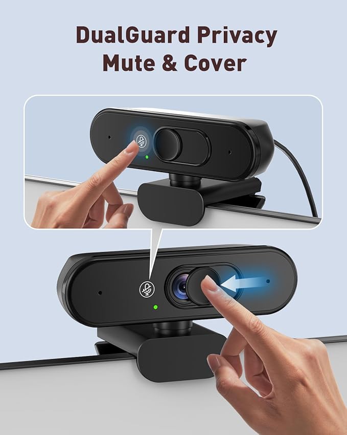 Webcam 1080P FHD with Mute and Cover Dual Privacy Protection, Dual Microphone, Natural Image, Extendable Tripod, for PC, Laptop, Zoom, Teams, Windows, MacOS