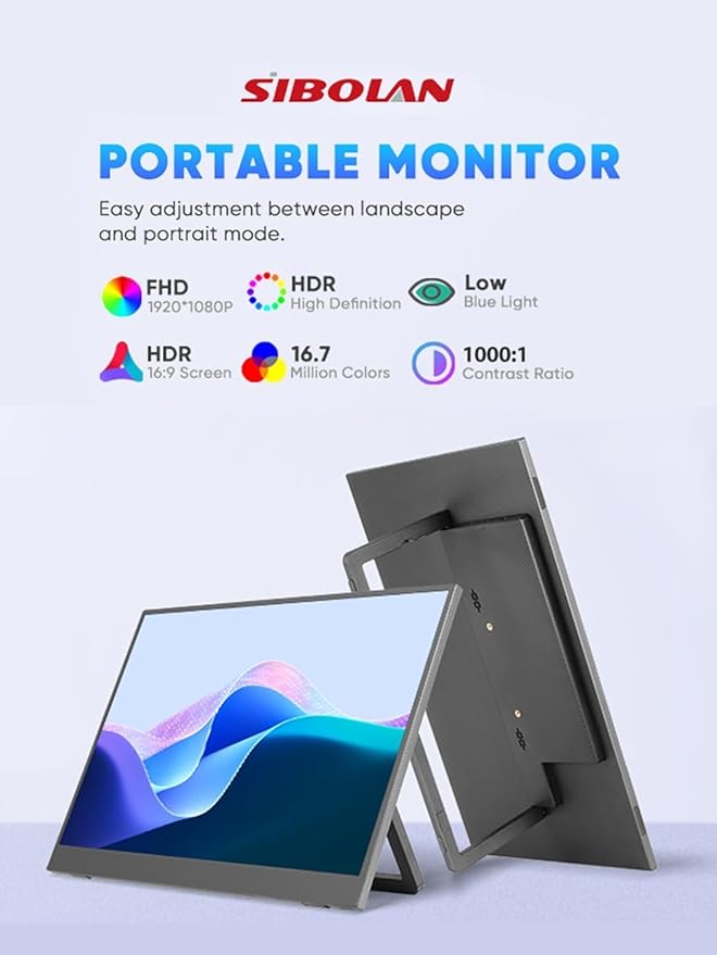 Portable Monitor 18.5inch 1080P FHD 100Hz Refresh Rate Gaming Monitor, 72% sRGB, IPS Panel, Dual USB-C & Mini-HDMI for Laptop, PC, Phone, Built-in Kickstand, Speakers