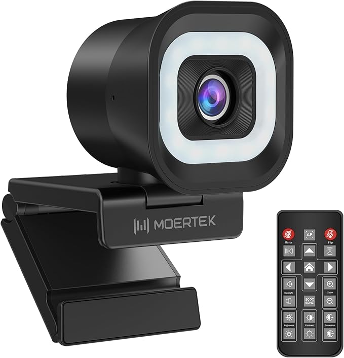 4K Webcam with 5-Level LED Light, 12MP Camera, USB Webcam with Dual Noise-canceling Microphones, PDAF Fast Auto Focus, Remote Control, 360° Rotation, Perfect for Live streaming, Online Meeting