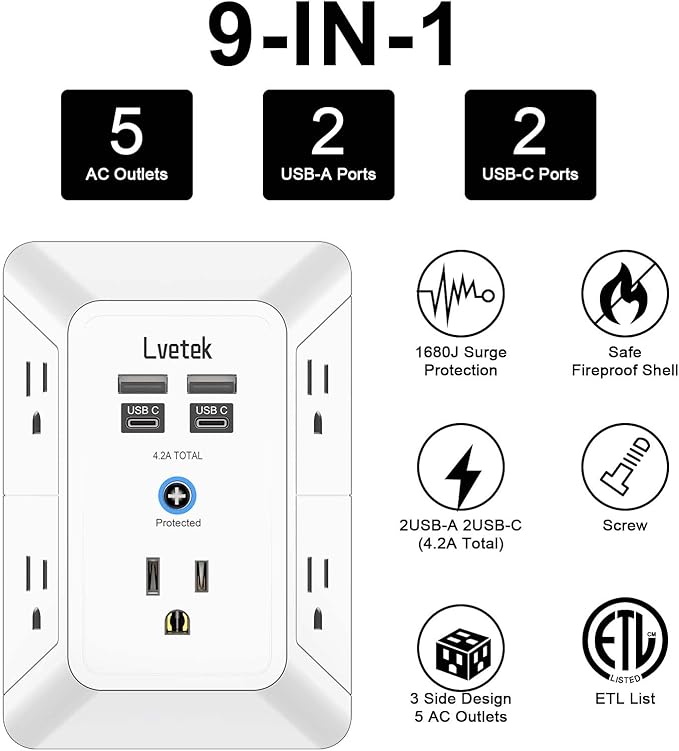 Outlet Extender, Surge Protector Outlet with 5-Multi Plug Outlet and 4 USB Ports(2 USB C), 3-Sided 1680J Power Strip Wall Charger, Multiple-Plug Outlet Splitter for Home Travel Office,ETL Listed,White