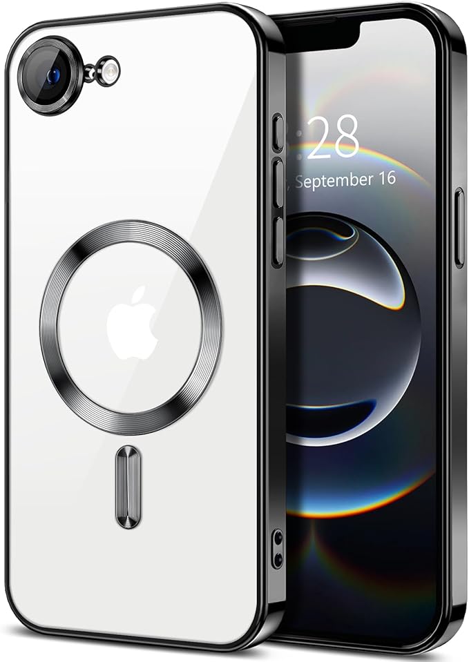 Hython Magnetic Clear for iPhone 16e Case with Camera Lens Protector [Compatible with MagSafe] Luxury Plating Edge Slim Soft TPU Cover Protective Phone Case for iPhone 16e 6.1", Black