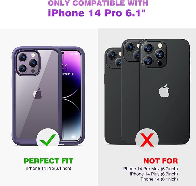 Diaclara Designed for iPhone 14 Pro Case 6.1’’, Full Body Rugged Protective Case+ Camera Lens Protector w/Built-in Touch Sensitive Anti-Scratch Screen Protector, Bumper (Royal Purple)