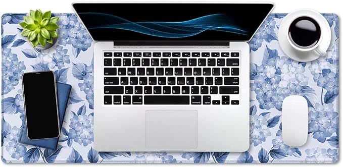 SSOIU Blue Hydrangea Flowers Desk Mat, Floral Large Aesthetic Mouse Pad 35.5" X 15.7", Waterproof Desk Mat Stitched Edges, Non-Slip Laptop Computer Keyboard Mousepad for Office and Home