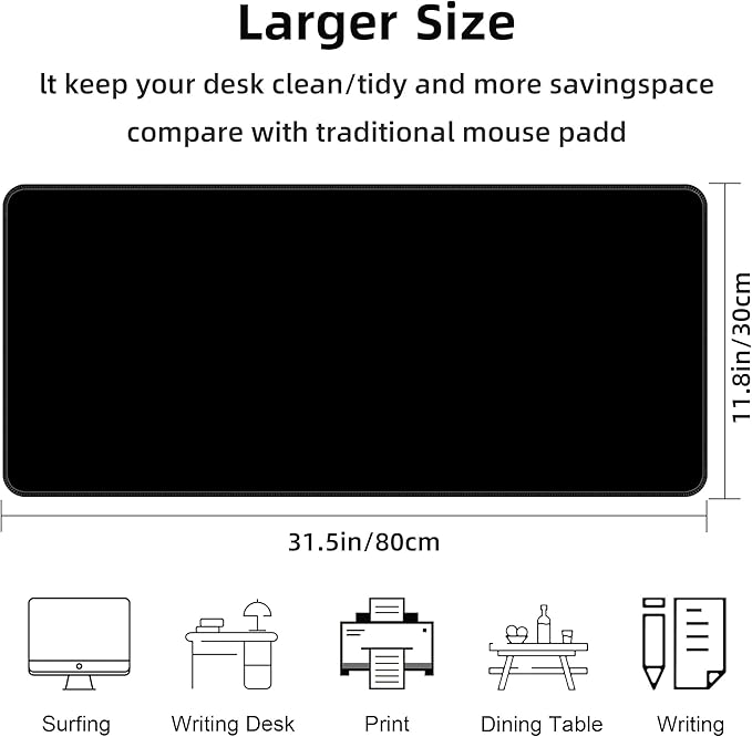 Bzu Black Extended Big Mouse Pad Large,XL Gaming Mouse Pad Desk Pad,31.5x11.8inch Long Computer Keyboard Mouse Mat Mousepad with 3mm Non-Slip Base and Stitched Edge for Home Office Work