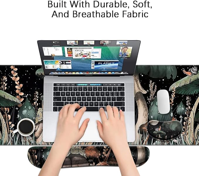 MIBITRI Keyboard Mouse Pad Set, Extended Gaming Mouse Pad+Ergonomics Keyboard Wrist Rest Support, Memory Foam, Easy Typing Pain Relief, 4Pcs XXL Ultra Thick Desk Mat, Snails and Mushroom