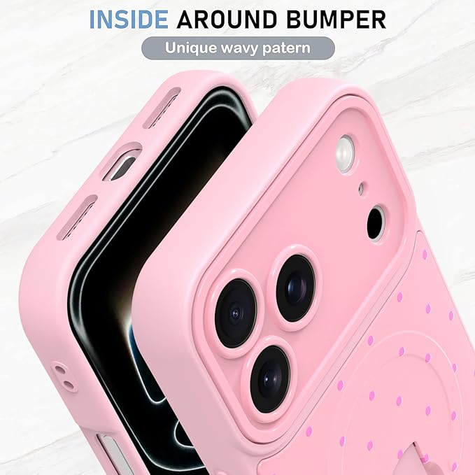 KANGHAR Compatible with iPhone 17 Pro Case, Support for MagSafe, Silicone Spot Cute Pattern, Wristband Kickstand Camera Protection Shockproof Soft Slim Cover for Girls Women, Pink