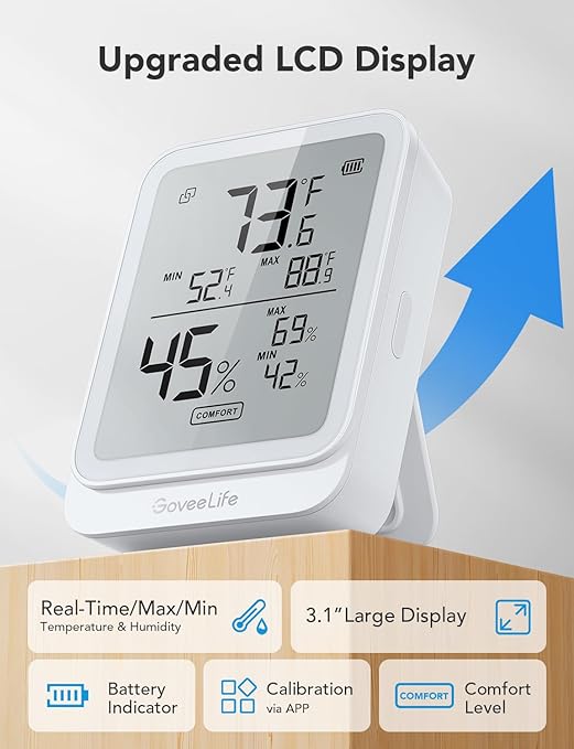 GoveeLife Hygrometer Thermometer H5104 3Pack, Bluetooth Room Temperature Monitor with APP Alert and 2 Years Date Storage Export, Remote LCD Digital Hygrometer Indoor Humidity Meter, Greenhouse