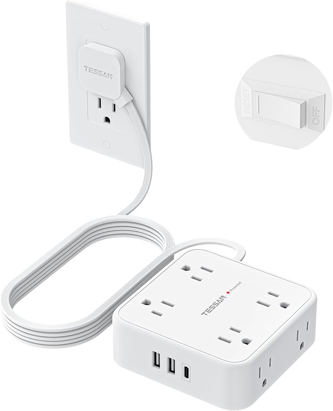 TESSAN Surge Protector Power Strip, 10 Ft Flat Plug Extension Cord with 3 USB (1 USB C) 8 Outlets, 1250W, 900J Protection, 3 Sided Outlet Extender with Power Switch for Office, Dorm Room, White