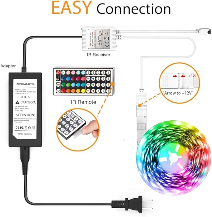 phopollo LED Lights for Bedroom 50FT, 5050 LED Strip Lights with 44 Key IR Remote Controller and 12V Power Supply for Home Decoration