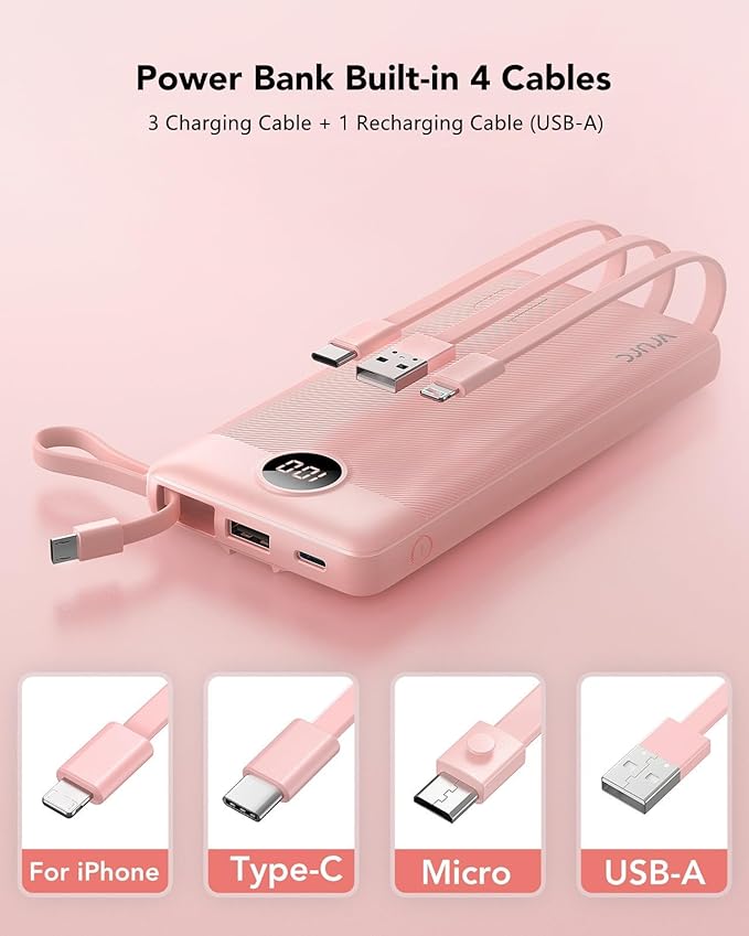 VRURC Portable Charger Power Bank, 10000mAh Travel Essentials Battery Pack, Compact USB C Charging Bank Built-in Cables Cords Compatible with iPhone 17 Pro 17 16 15 14 13,Samsung-Pink(1 Pack)