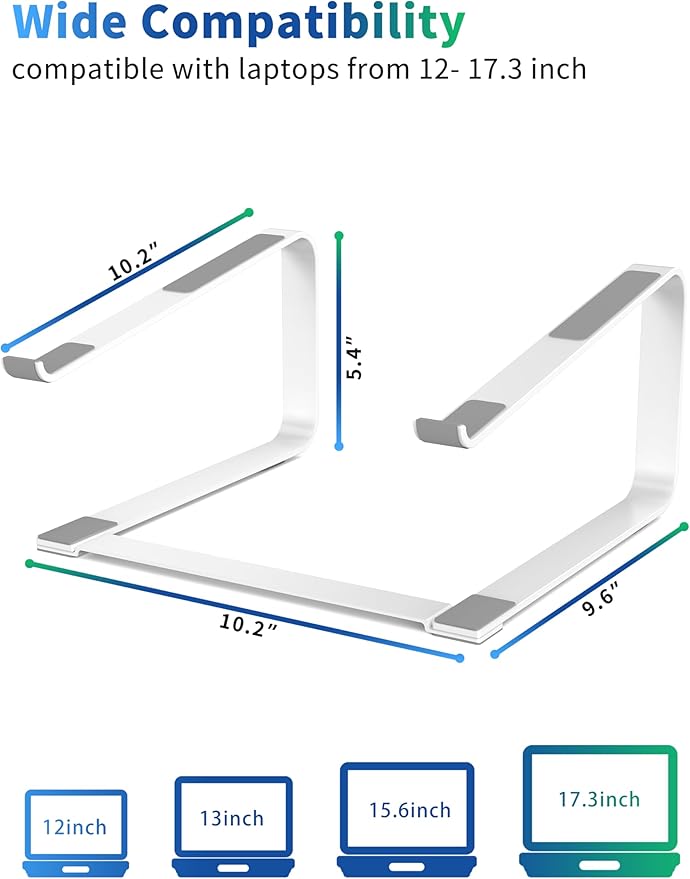 SOUNDANCE Laptop Stand for Desk, Ergonomic Metal Computer Riser for 12-17.3 Inch Laptops, Heavy Duty Stable Desktop Holder, Improves Eye Level & Workspace Organization, White