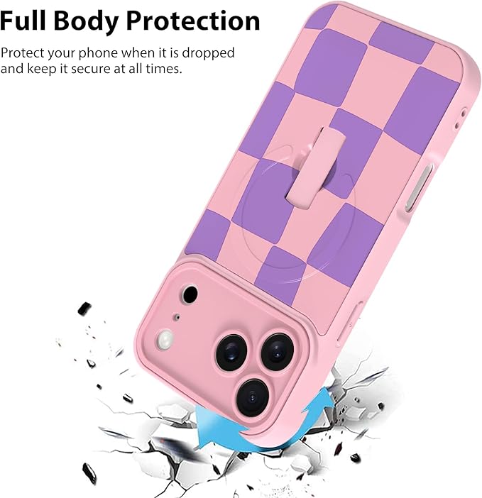 KANGHAR Compatible with iPhone 17 Pro Case, Support for MagSafe, Silicone Checkered Cute Pattern, Wristband Kickstand Camera Protection Soft Slim Cover for Girls Women -Pink