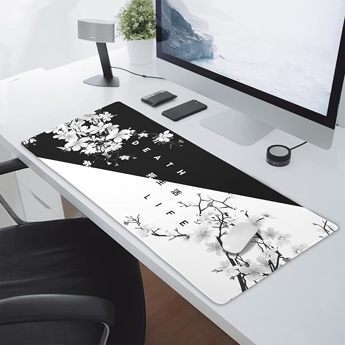 Black White Cherry Blossom Mouse Pad Japanese Sakura Death Life Extended Desk Mat 90X40 CM Non-Slip Rubber Base Stitched Edge Large xxl Playmat for Gaming Laptop Computer Office Desktop,35.4×15.7 Inch