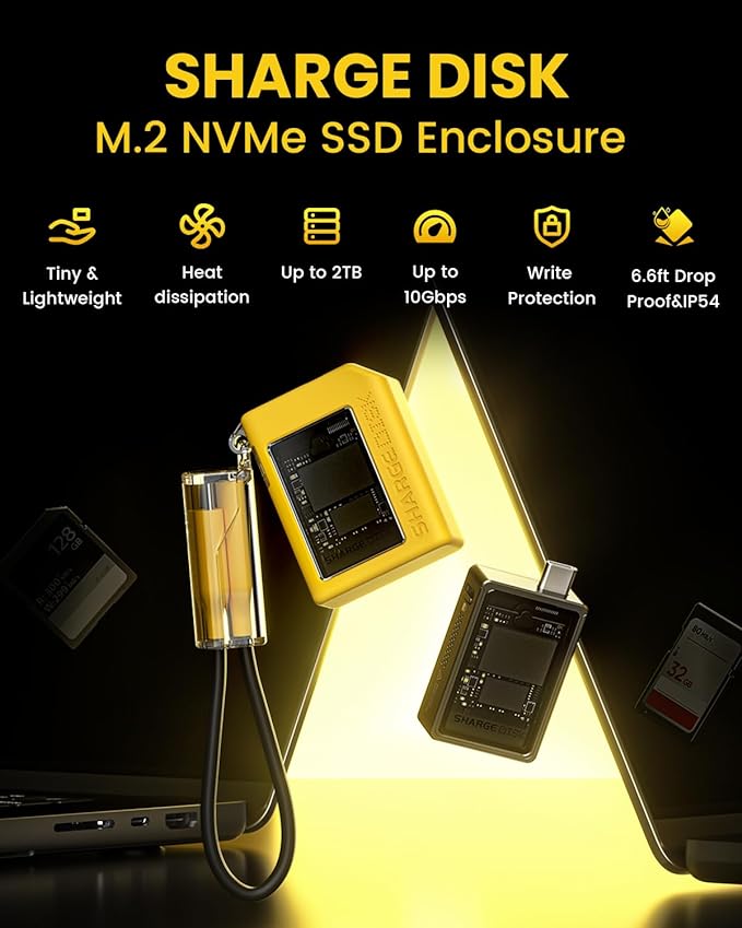 Sharge Disk M.2 NVMe SSD Enclosure with Active Cooling System, 10Gbps USB C 3.2 Gen2, Enclosure NVMe Reader Supports M Keys and Size 2230 SSDs, Yellow