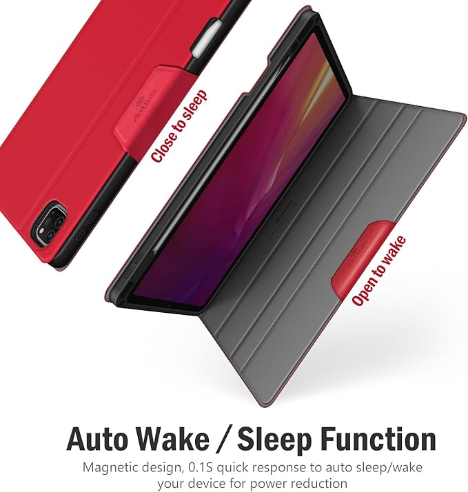 Antbox Case for iPad Pro 12.9'' 6th Generation (2022) 5th/4th/3rd Generation (2021/2020/2018), Built-in Pencil Holder Auto Sleep/Wake Function PU Leather Smart Cover (Red)