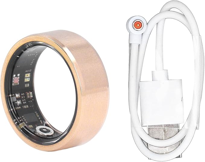 ciciglow Smart Ring, Smart Ring Health Tracker Sleep Monitoring Step Counter, IP68 Waterproof Intelligent Wearable Device, Gold Sports Ring with Chariging Cable