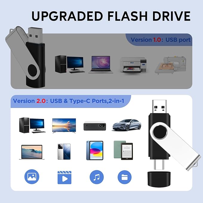 32GB USB2.0 & Type-C Flash Drives 10-Pack EASTBULL 2-in-1 FAT32 USB C Drive Bulk USB-A + USB-C Thumb Drives Pack OTG Memory Sticks Compatible with Smartphones, Computers, Tablets, Mac (Black, 32GB)