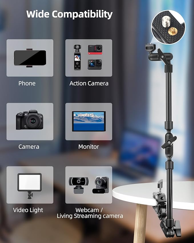 22" Magic Arm w Clamp, Overhead Phone Mount, Desk Camera Mount w Articulating Friction Boom Arm Thread Adapter, for Phone Video Light Webcam Microphone Action Camera Content Creators
