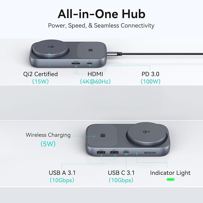 MOKiN USB C Hub with 15W Qi2 Wireless Charger, Laptop Docking Station to 4K HDMI, 100W PD, 10Gbps Ports, 15W+5W Wireless Charging Stand for iPhone 16/15/14/13 & Airpods, USBC Dock for MacBook/Windows