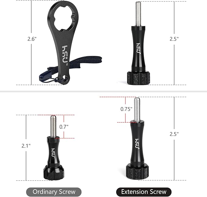 HSU Aluminum Alloy Thumbscrew Set (Extension)+ Wrench for Gopro Hero 13, 12, 11, 10, 9, 8, 7, 6, 5, 4, Compatible with GoPro Media Mod, AKASO Campark and Other Action Cameras (Black)