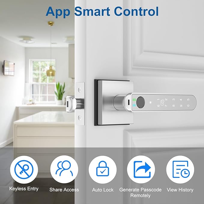 Foxgard Smart Fingerprint Door Lock:Fingerprint Door Knob-Biometric 5-in-1 Finger Print Door Lock-Smart Door Knob for Bedroom-APP Control-Easy Installation–Square Silver–1 Pack