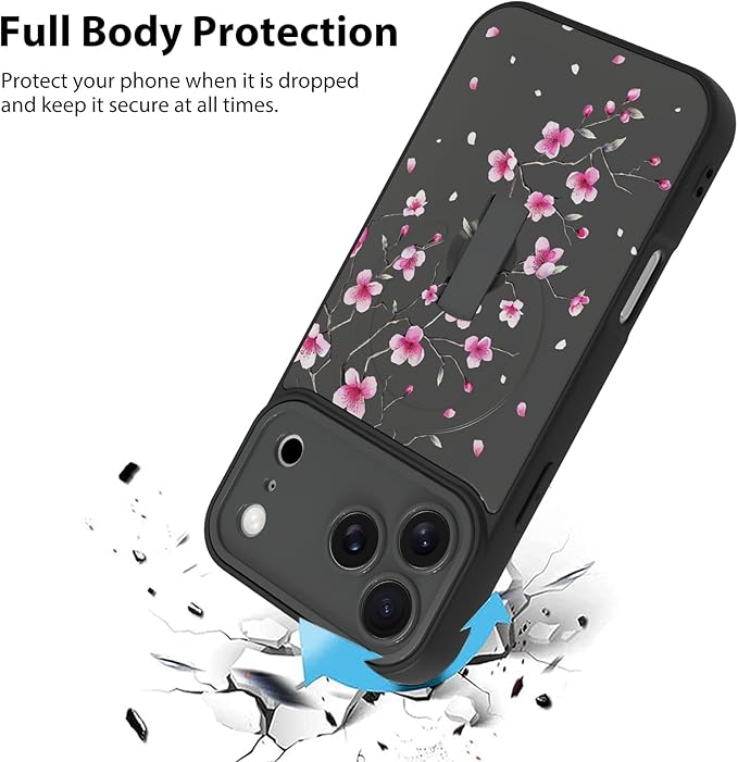 KANGHAR Compatible with iPhone 17 Pro Case, Magnetic Compatible with MagSafe, Cute Flower Floral Pattern Wristband Kickstand Full Camera Lens Shockproof Protective Case for Girls Women, Black