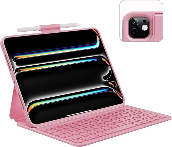 Magitype Case with Keyboard Compatible for iPad Pro 11 inch(M4/ M5): Bluetooth Wireless Magnetic Stand Rechargeable Keyboard with Pencil Holder (Light Pink)