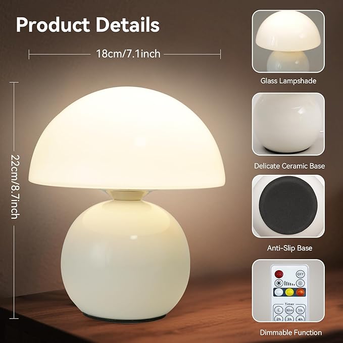 Remote Control Mushroom Lamp with Timer – 3-Color Dimmable Bedside Light, Ceramic Base & Glass Shade, Modern Decorative Night Lamp for Bedroom, Living Room, and Home Office (Pearl White)