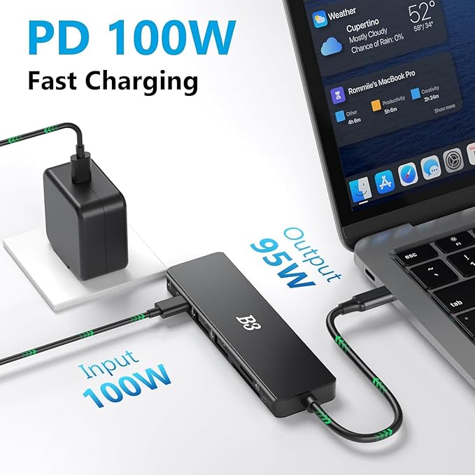 USB C Hub 6-in-1 Multi-Port Adapter with 4K@60Hz HDMI, 100W PD, 2 USB A Data Ports, and SD/TF Card Reader – Aluminum Type-C Hub for MacBook Air/Pro M1/M2, iPhone, Surface Go, XPS, iPad, Black