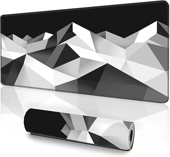 Large Gaming Mouse Pad (31.5x11.8in) - Black & White Geometric Mountain Landscape, Abstract Low Poly Design - Extended Desk Mat, Minimalist Monochrome Office Decor, Non-Slip Rubber Base