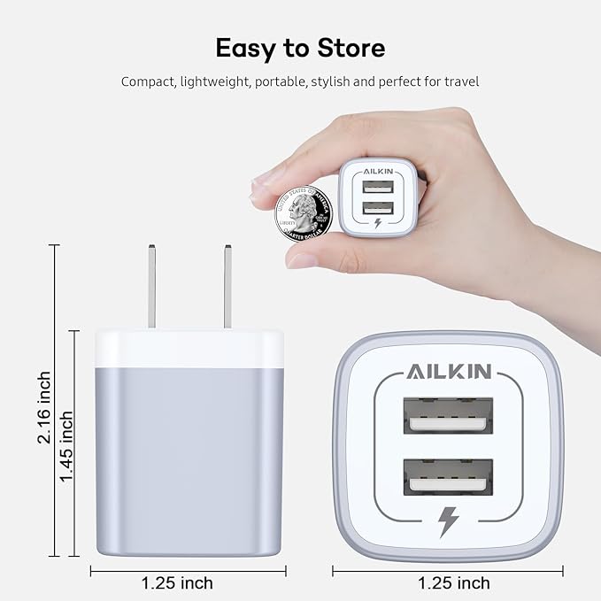 AILKIN 2.1A Multiport Fast Charge Power Brick Cube for iPad, iPhone, iPod, Samsung Galaxy, Motorola, Moto, Huawei, HTC, LG, Nokia, PlayStation5, Cell Phone Charger Box