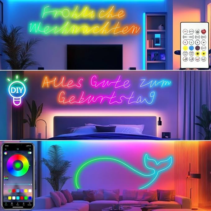 Cozylady RGB Neon LED Rope Lights, Waterproof Bluetooth APP Remote Control Music Sync Strip Lights, 24V Flexible DIY Silicone Light for Bedroom Home Indoor Outdoor Decor (6M/20Ft)