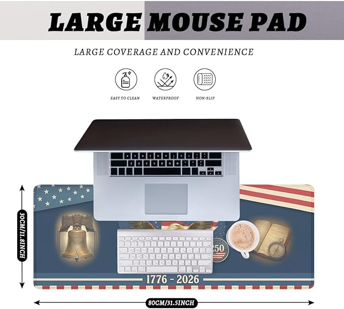 250th Anniversary Desk Pad Mouse Pad Eagle Liberty Bell America Flag Large Gaming Mouse Mat with Stitched Edges Non-Slip Waterproof Rubber Base Office Computer Keyboard Laptop Home 31.5"x11.8"
