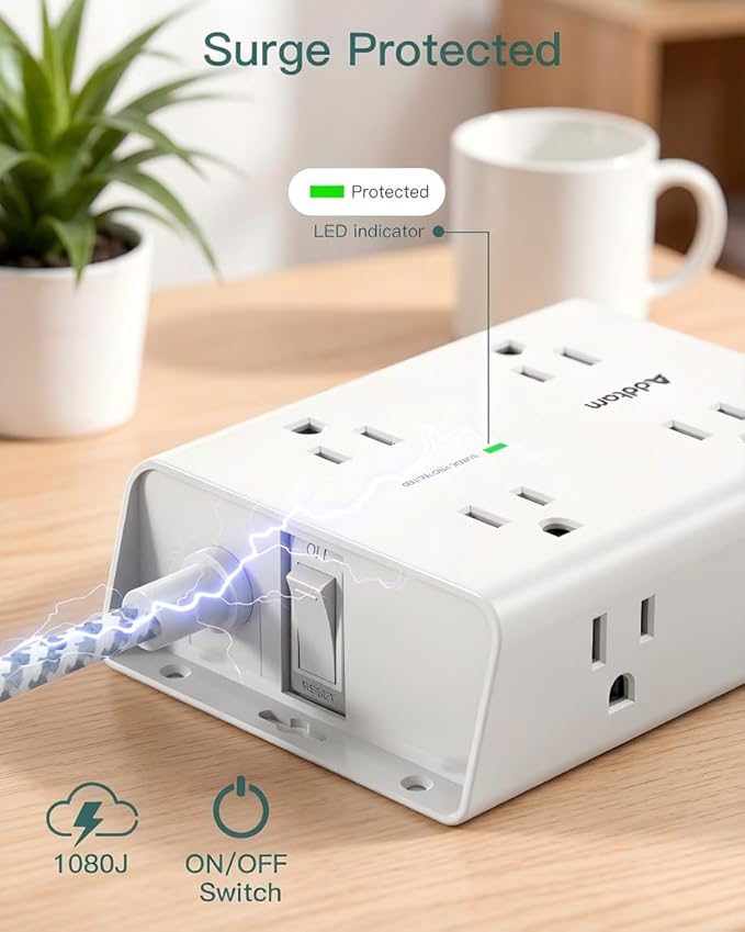 Addtam Surge Protector Power Strip, 8 Widely Outlets with 4 USB Ports (2 USB C), 15ft Extension Cord with Multiple Outlets, 3 Side Outlet Extender, Flat Plug, Wall Mount, ETL, White