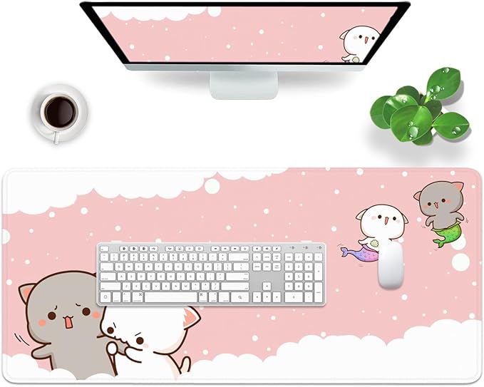 Pink Large Gaming Mouse Pad Cat Desk Pad XXL Cute Mouse Mat 35x15.7x0.12 inch Desk Accessories Kawaii Keyboard Pad (Pink -5)