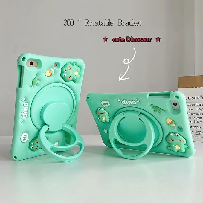 3D Cute Press Dinosaur Case for iPad 10th Gen (2022) 10.9 inch/iPad (A16) 11th 2025 11 inch,Cartoon Character Dinosaur Soft Silicone Rotating Stand Case with Lanyard for Kids Teens Girls Women