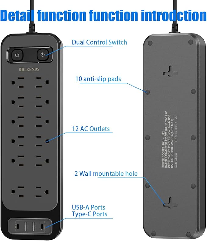 HITRENDS 12-Outlet Surge Protector Power Strip with 2 USB A + 2 USB C, 6FT Flat Plug Extension Cord, Dual Switches, Wide Spacing, 1250W/10A Multi Plug Outlet for Home Office Dormitory, Black