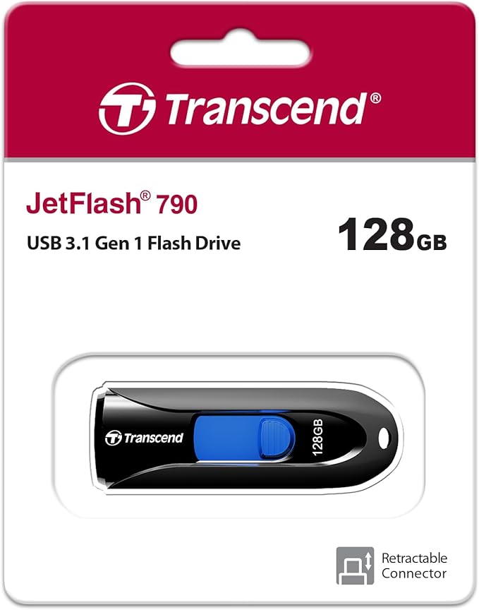 Transcend JF790 128GB USB Flash Drive, for PC/Mac/Laptop/Windows/Computer/ Desktop/TV/Car Audio, USB3.2 Gen1 Memory Stick, Thumb Drives Data Storage w/ Retractable Connector, USB2.0/3.0/3.1 Compatible