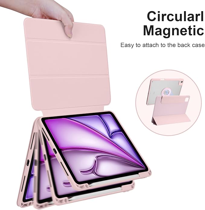 Case for iPad Air 13 Inch M4/M3/M2 2026/2025/2024, iPad Pro 12.9 Inch 6th/5th Gen. 2022/2021 with Pencil Holder, Vertical Stand, Detachable Magnetic Trifold Stand Case,Auto Wake/Sleep, Pink