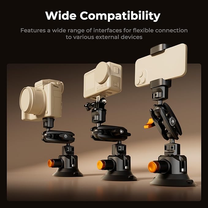 K&F CONCEPT Triple Suction Cup Car Mount for Camera, Heavy Duty 3-in-1 Kit with 15° Curved Surface Adjustment, Extension Pole & Phone Holder, Compatible with Insta360 X5/X4 GoPro DJI Action 5/4/3/2