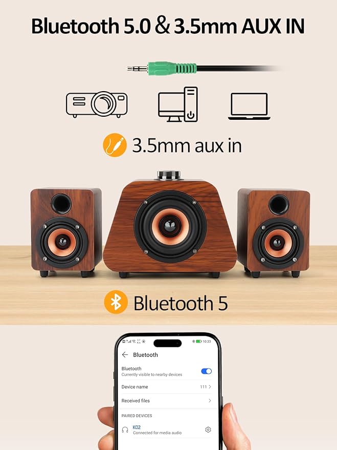 Computer Speakers, Mini PC Speaker with subwoofer,2.1 USB Powered Desktop Speakers, Bluetooth 5.0 and RCA Input pc Speakers for Desktop, Laptops, Phonograph, Phones, Tablets(K02)