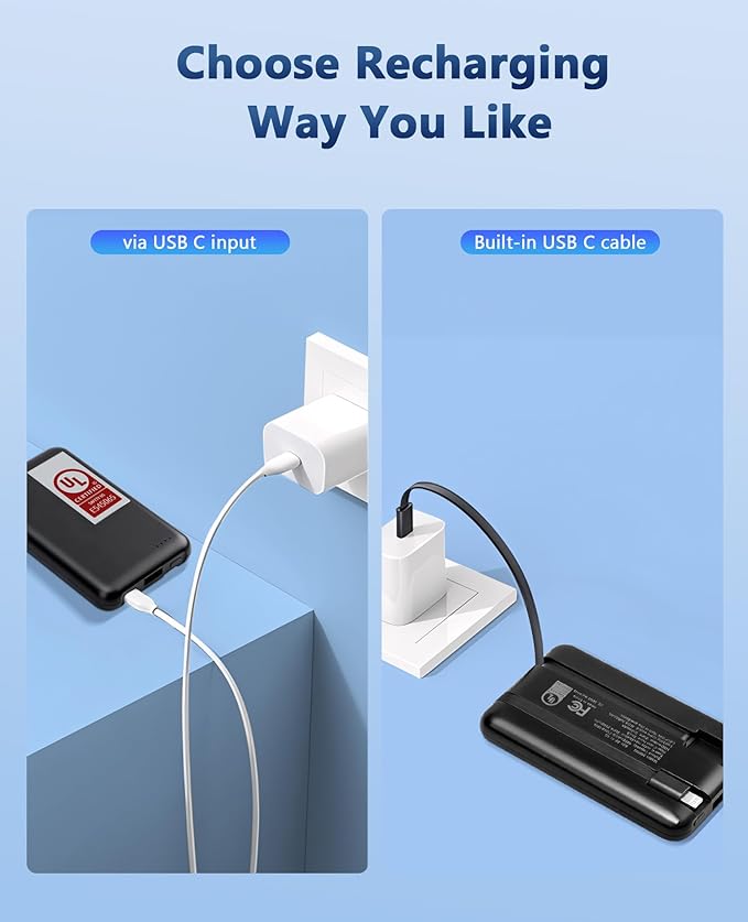 Miady 2-Pack Small Portable Charger UL Listed, 5000mAh Slim Power Bank Built-in 2 Cables Lightweight Travel Battery Pack 3 Outputs 2 Inputs Compatible with iPhone 17/16/15/14/13 Galaxy S24/S22 etc