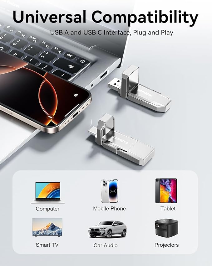 USB C SSD Flash Drive 512GB Up to 450MB/s, External SSD Type C+ USB A USB 3.2 Dual Ports Portable Metal Thumb Drive Stick 2-in-1 External Drive for iPhone 17/16/15 Series/Mac/Android Phone
