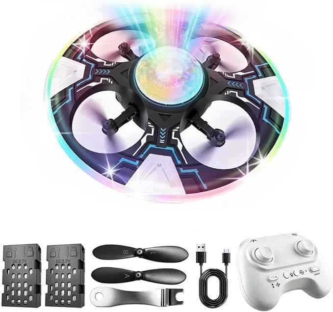 Mini UFO Drone for Kids – Safe RC Toy with 7 LED lighting modes, 360° Flips, Light Projection onto Ceilings, Auto Hover, Hand Gesture, 2 Batteries(14 Min Flight), Ideal Fun Gift for Kids