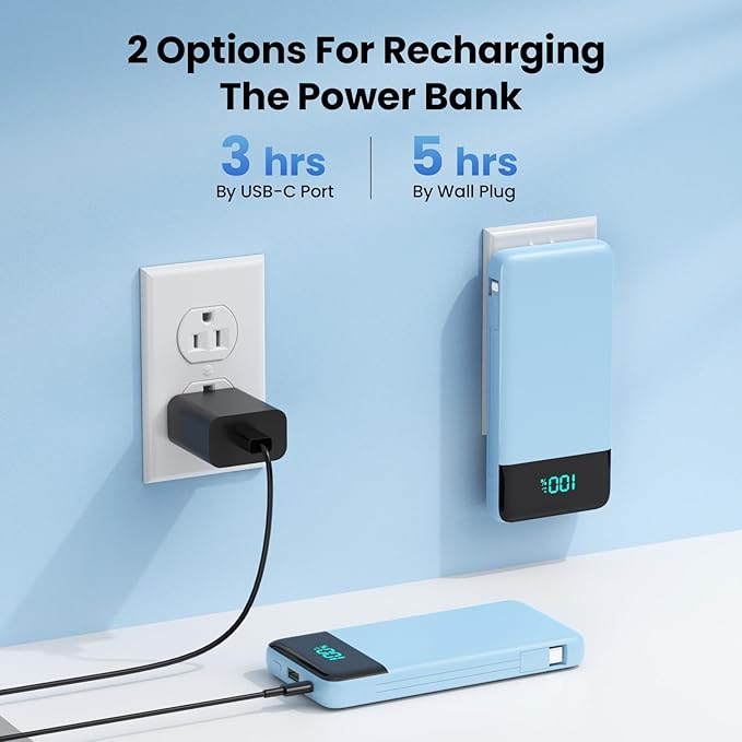 Portable Charger for iPhone,13800mAh Slim Power Bank with Built-in Cables & AC Wall Plug,All in One 4 Outputs USB C Fast Charging Battery Pack Travel Essential for iPhone 17/16/15/14,Android(Sky Blue)