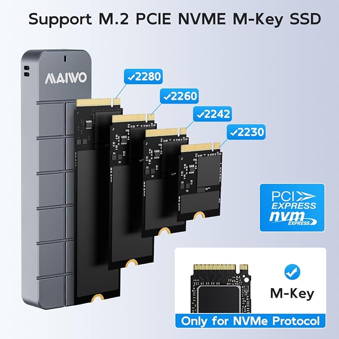 MAIWO M.2 NVMe SSD Enclosure USB3.2 GEN2 10Gbps, 8TB Capacity 2-in-1 Type-C Cable, USB C to M-Key PCIE NVME SSD Adapter Reader Case Aluminum