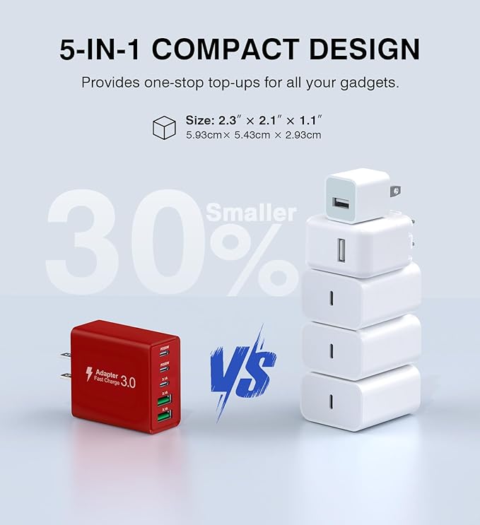 2Pack USB C Fast Charger Block,50W 5-Port Type C Wall Charger Brick,2 USB A and 3 USB C PD3.0 Multiport Charging Plug Power Adapter Brick Cube for iPhone 17/16/15/14/13,Pad Mini/Pro, GalaxyS23 S22