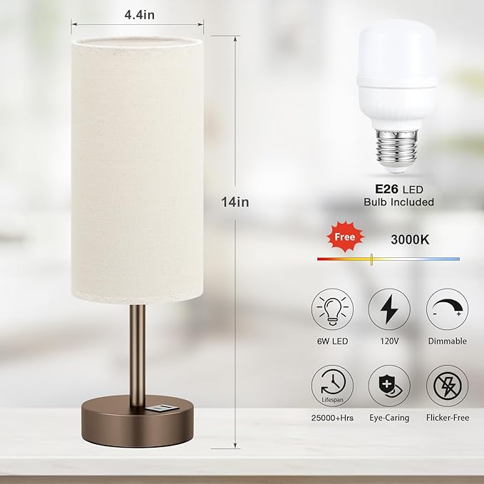 Dicoool Beige Touch Table Lamp for Bedroom - 3 Way Dimmable Bedside Lamp with USB, Nightstand Lamp with Brown Charging Station for Desk, Dorm, Office